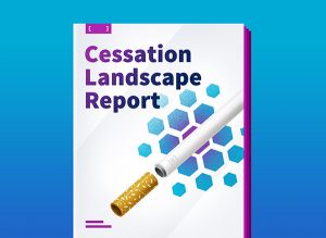Graphic showing the cover of a report with parts of a vaping device and cigarette and titled Cessation Landscape Report.