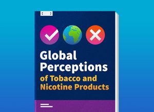 Report cover that shows a circle with a check mark, an Earth and a circle with an X, titled "Global Perceptions of Tobacco and Nicotine Products"