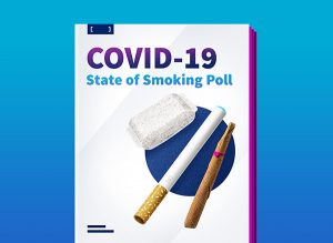 Report cover showing various smoking paraphernalia titled "Covid-19 State of Smoking Poll"