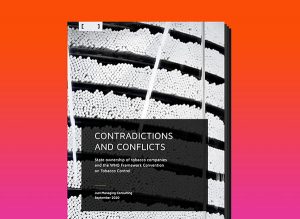 Screenshot of Contradictions and conflicts report cover with stacks of cigarettes on shelves.
