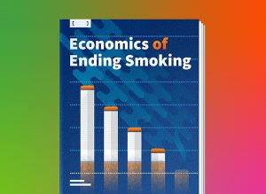 Economics of ending smoking report cover with a bar graph with the bars created by cigarettes.