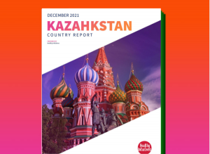 Country Report Cover with colorful architecture in Kazahkstan